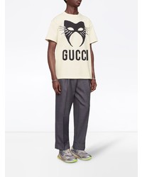 hellbeige bedrucktes T-Shirt mit einem Rundhalsausschnitt von Gucci