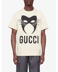 hellbeige bedrucktes T-Shirt mit einem Rundhalsausschnitt von Gucci