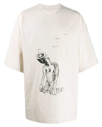 hellbeige bedrucktes T-Shirt mit einem Rundhalsausschnitt von Oamc