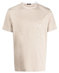 hellbeige bedrucktes T-Shirt mit einem Rundhalsausschnitt von Peserico