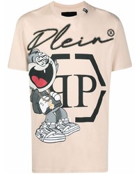 hellbeige bedrucktes T-Shirt mit einem Rundhalsausschnitt von Philipp Plein