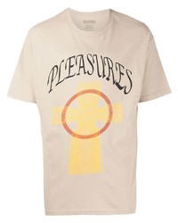 hellbeige bedrucktes T-Shirt mit einem Rundhalsausschnitt von Pleasures