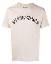 hellbeige bedrucktes T-Shirt mit einem Rundhalsausschnitt von Pleasures