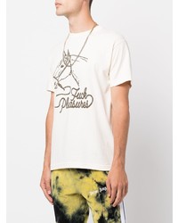 hellbeige bedrucktes T-Shirt mit einem Rundhalsausschnitt von Pleasures