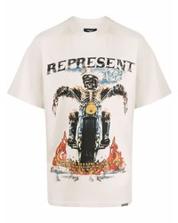 hellbeige bedrucktes T-Shirt mit einem Rundhalsausschnitt von Represent
