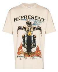 hellbeige bedrucktes T-Shirt mit einem Rundhalsausschnitt von Represent