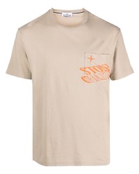 hellbeige bedrucktes T-Shirt mit einem Rundhalsausschnitt von Stone Island