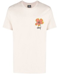 hellbeige bedrucktes T-Shirt mit einem Rundhalsausschnitt von Stussy