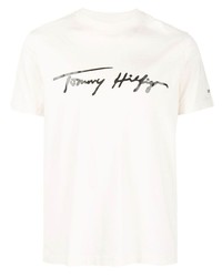 hellbeige bedrucktes T-Shirt mit einem Rundhalsausschnitt von Tommy Hilfiger