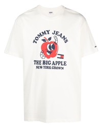 hellbeige bedrucktes T-Shirt mit einem Rundhalsausschnitt von Tommy Jeans