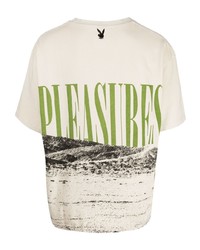 hellbeige bedrucktes T-Shirt mit einem Rundhalsausschnitt von Pleasures