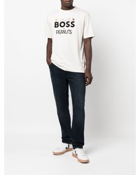 hellbeige bedrucktes T-Shirt mit einem Rundhalsausschnitt von BOSS