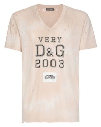 hellbeige bedrucktes T-Shirt mit einem V-Ausschnitt von Dolce & Gabbana
