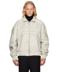 hellbeige bestickte Leder Bomberjacke