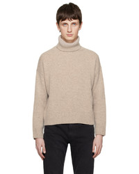 hellbeige bestickter Wollrollkragenpullover