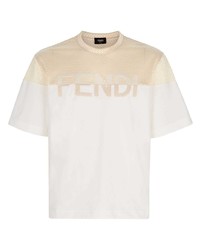 hellbeige besticktes T-Shirt mit einem Rundhalsausschnitt aus Netzstoff