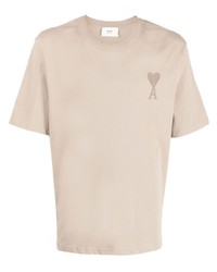 hellbeige besticktes T-Shirt mit einem Rundhalsausschnitt von Ami Paris