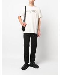 hellbeige besticktes T-Shirt mit einem Rundhalsausschnitt von Alexander McQueen