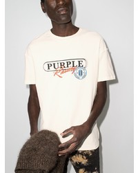hellbeige besticktes T-Shirt mit einem Rundhalsausschnitt von purple brand