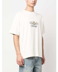 hellbeige besticktes T-Shirt mit einem Rundhalsausschnitt von Drôle De Monsieur