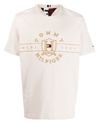 hellbeige besticktes T-Shirt mit einem Rundhalsausschnitt von Tommy Hilfiger