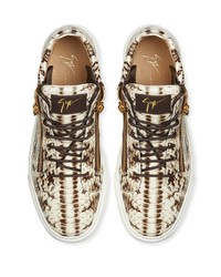 hellbeige hohe Sneakers aus Leder mit Schlangenmuster von Giuseppe Zanotti