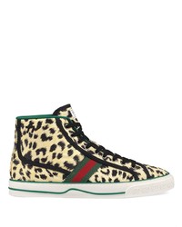 hellbeige hohe Sneakers aus Segeltuch mit Leopardenmuster von Gucci