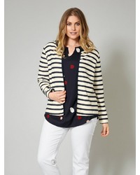 hellbeige horizontal gestreifte Strickjacke mit einer offenen Front von Janet und Joyce by Happy Size