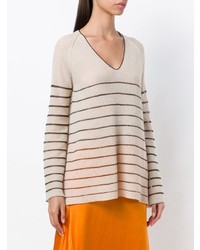 hellbeige horizontal gestreifter Pullover mit einem V-Ausschnitt von Forte Forte