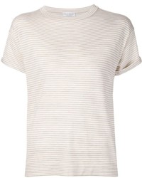 hellbeige horizontal gestreiftes T-Shirt mit einem Rundhalsausschnitt