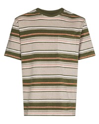 hellbeige horizontal gestreiftes T-Shirt mit einem Rundhalsausschnitt von Beams Plus