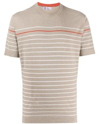 hellbeige horizontal gestreiftes T-Shirt mit einem Rundhalsausschnitt von Brunello Cucinelli