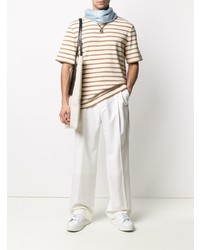 hellbeige horizontal gestreiftes T-Shirt mit einem Rundhalsausschnitt von Jil Sander