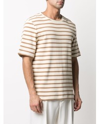 hellbeige horizontal gestreiftes T-Shirt mit einem Rundhalsausschnitt von Jil Sander