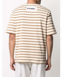 hellbeige horizontal gestreiftes T-Shirt mit einem Rundhalsausschnitt von Jil Sander