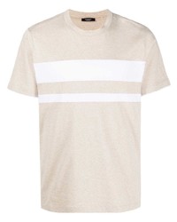 hellbeige horizontal gestreiftes T-Shirt mit einem Rundhalsausschnitt von Peserico