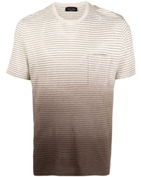 hellbeige horizontal gestreiftes T-Shirt mit einem Rundhalsausschnitt von Roberto Collina