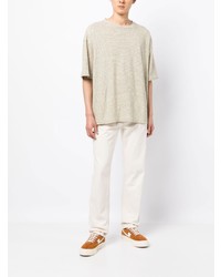 hellbeige horizontal gestreiftes T-Shirt mit einem Rundhalsausschnitt von YMC