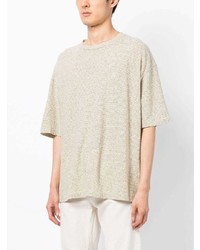 hellbeige horizontal gestreiftes T-Shirt mit einem Rundhalsausschnitt von YMC