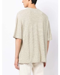 hellbeige horizontal gestreiftes T-Shirt mit einem Rundhalsausschnitt von YMC