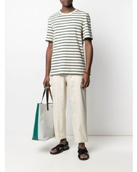 hellbeige horizontal gestreiftes T-Shirt mit einem Rundhalsausschnitt von Jil Sander