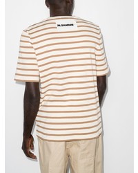 hellbeige horizontal gestreiftes T-Shirt mit einem Rundhalsausschnitt von Jil Sander