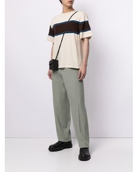 hellbeige horizontal gestreiftes T-Shirt mit einem Rundhalsausschnitt von Jil Sander