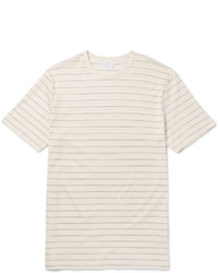 hellbeige horizontal gestreiftes T-Shirt mit einem Rundhalsausschnitt von Sunspel