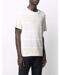 hellbeige horizontal gestreiftes T-Shirt mit einem Rundhalsausschnitt von Moncler