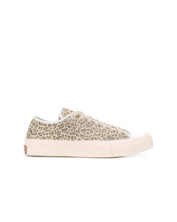 hellbeige Leder niedrige Sneakers mit Leopardenmuster