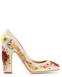 hellbeige Leder Pumps mit Blumenmuster von Dolce & Gabbana