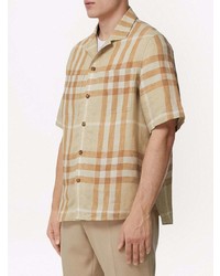 hellbeige Leinen Kurzarmhemd mit Schottenmuster von Burberry