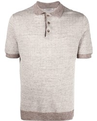 hellbeige Leinen Polohemd mit Hahnentritt-Muster