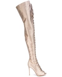 hellbeige Overknee Stiefel aus Satin von Gianvito Rossi